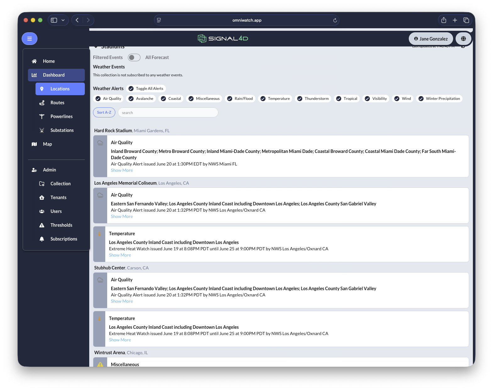 Weather alerts across a network of monitored locations