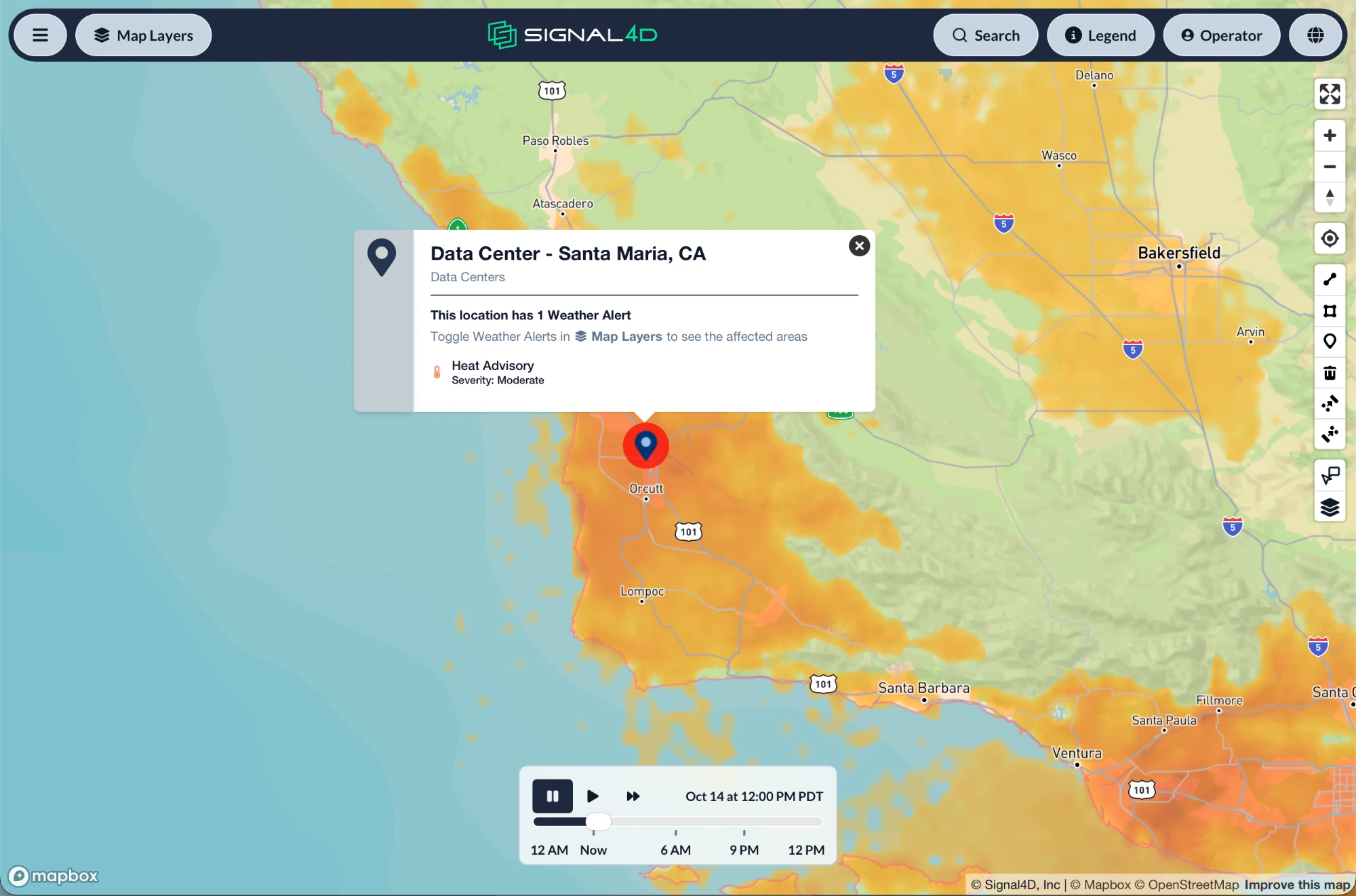 Data center site in Santa Maria, California under a Heat Advisory, over a forecast temperature layer