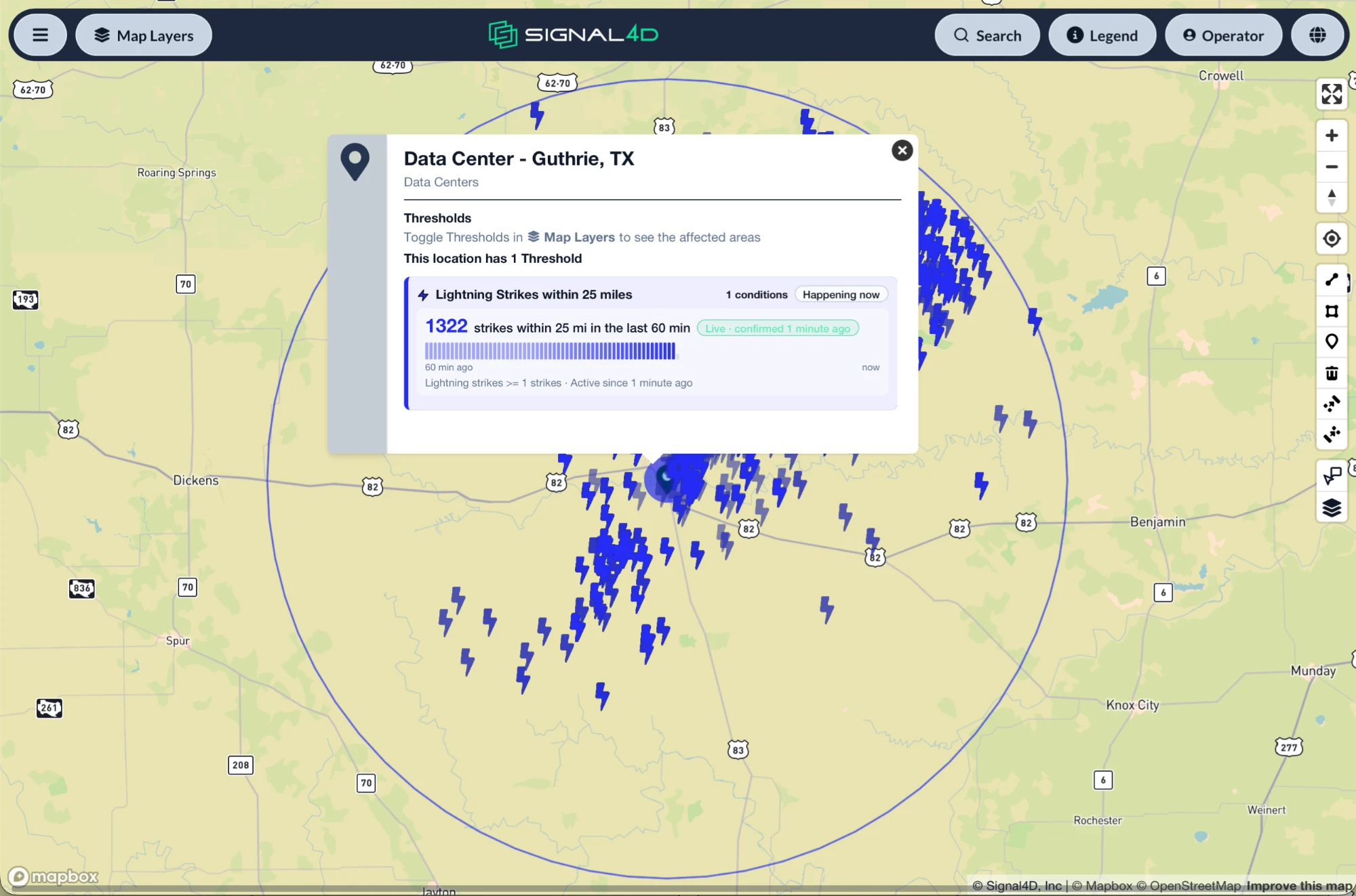 Lightning threshold alert on a data center site in Texas, with over 1,300 strikes within a 25-mile radius in the last hour