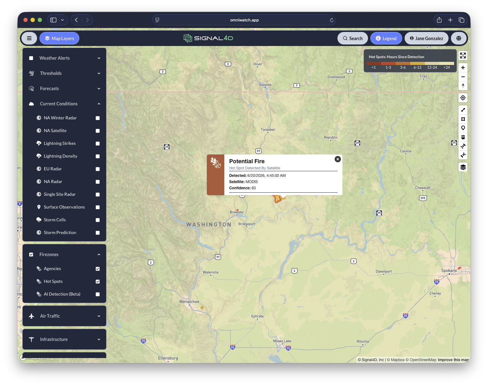 Satellite hot-spot detection of a potential fire