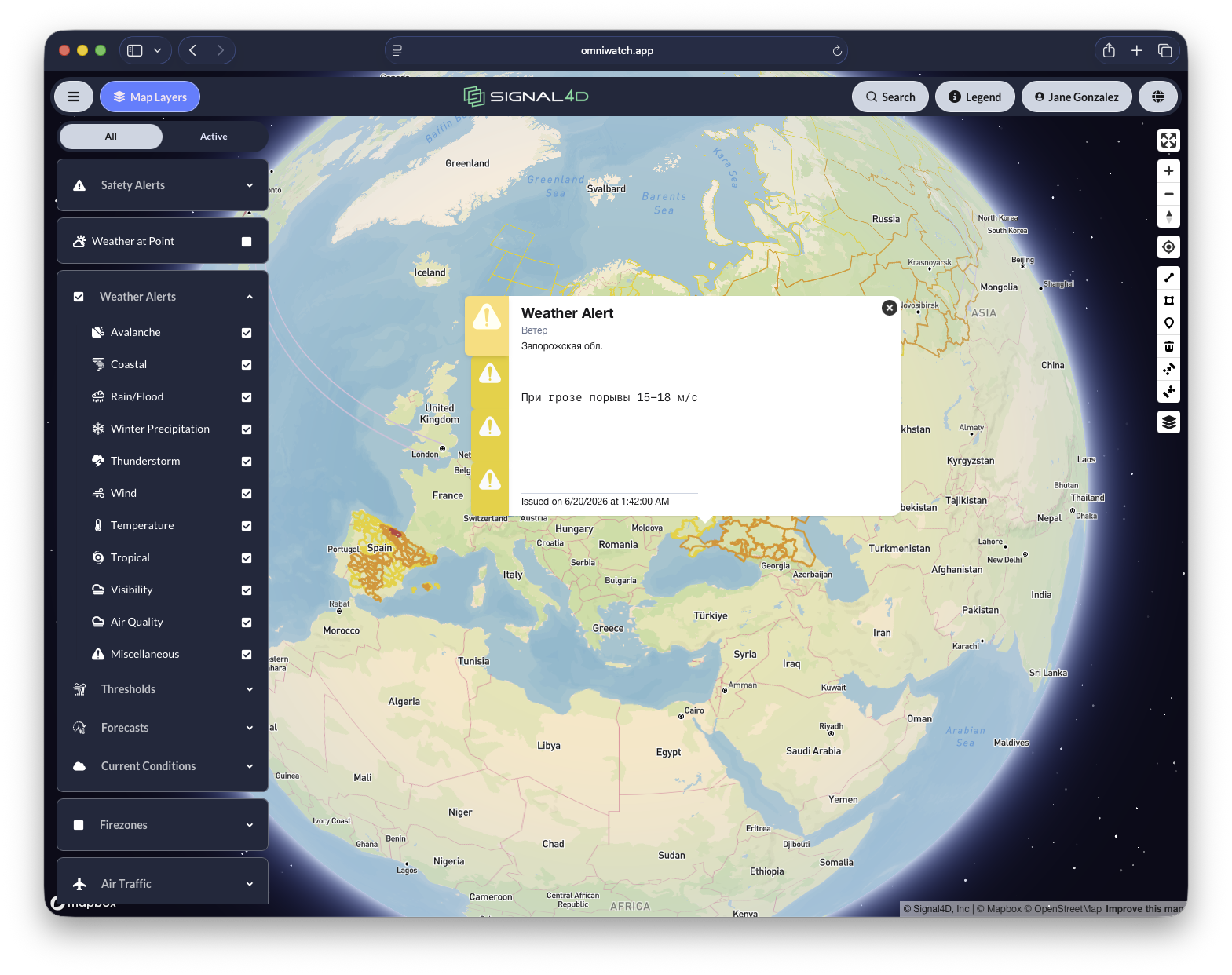 Government weather watches and warnings on the OmniWatch map