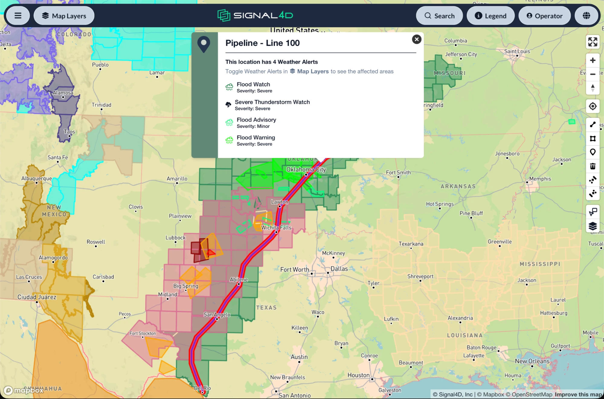 Pipeline route from Del Rio, Texas to Oklahoma City highlighted under four official weather alerts, including a flood warning and a severe thunderstorm watch