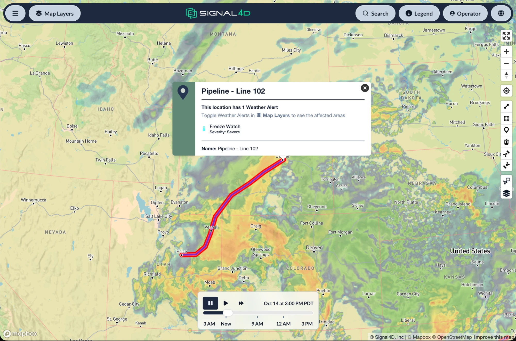Pipeline route from Utah to Wyoming highlighted under a Freeze Watch, over a precipitation forecast layer