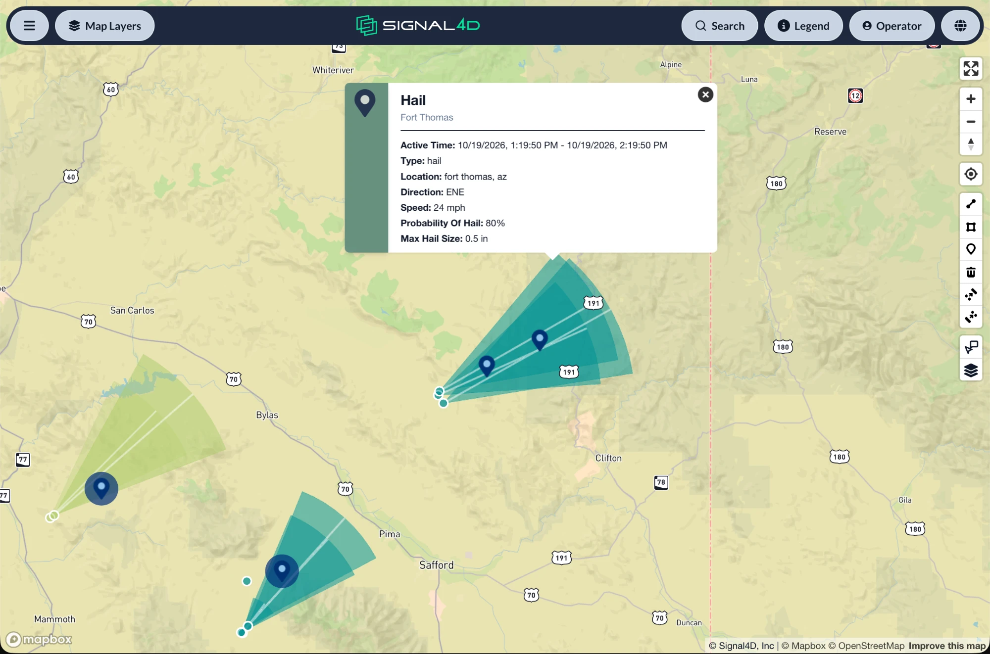 Hail storm cells over southeastern Arizona with solar farms in their forecast paths, and a storm popup showing an 80% chance of hail up to 0.5 in