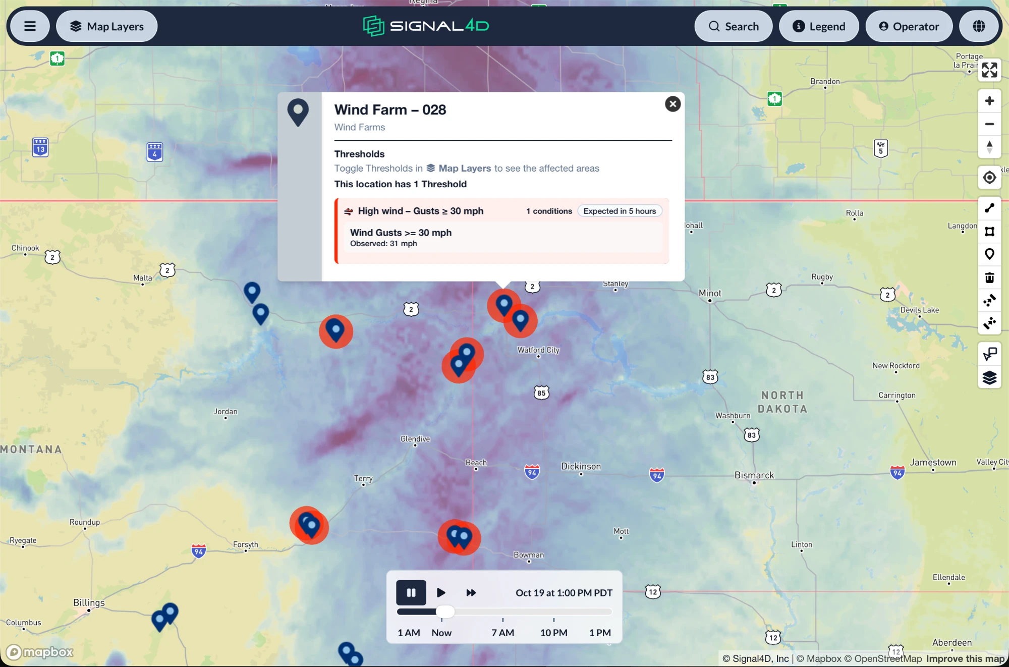 Wind farms across eastern Montana and western North Dakota, with several sites ringed in red and one showing a wind gust threshold expected to be crossed in 5 hours