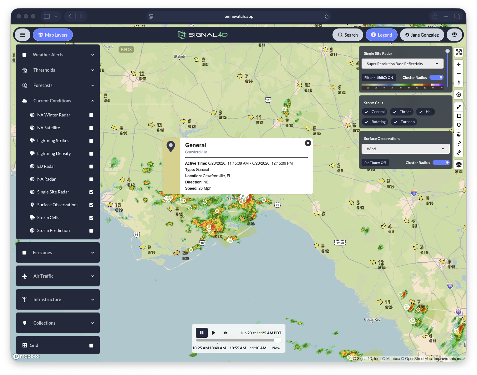 Live current conditions, storm cells and surface observations