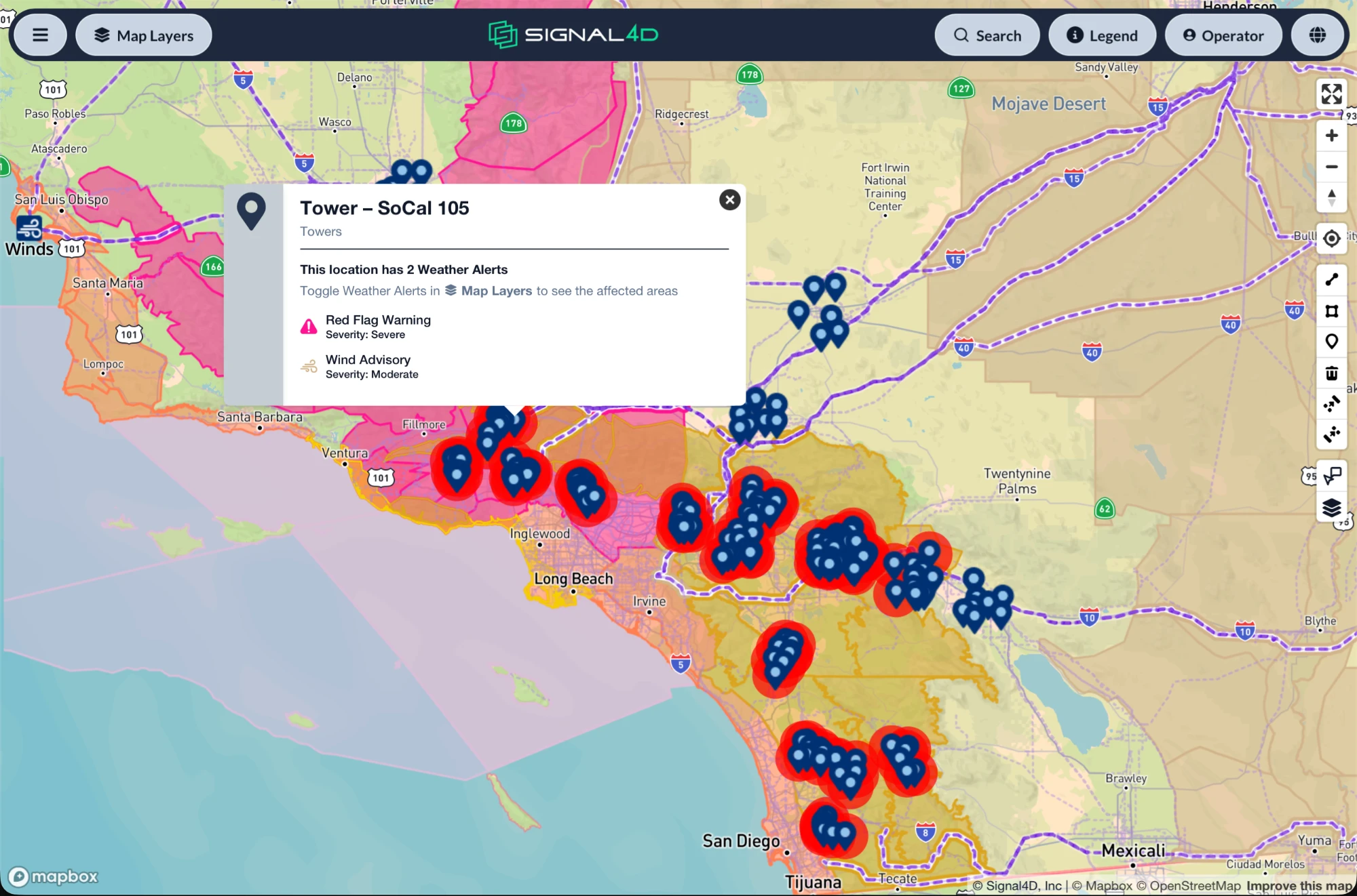 Over a hundred tower sites across Southern California, with the sites under active weather alerts ringed in red and one site showing a Red Flag Warning and a Wind Advisory
