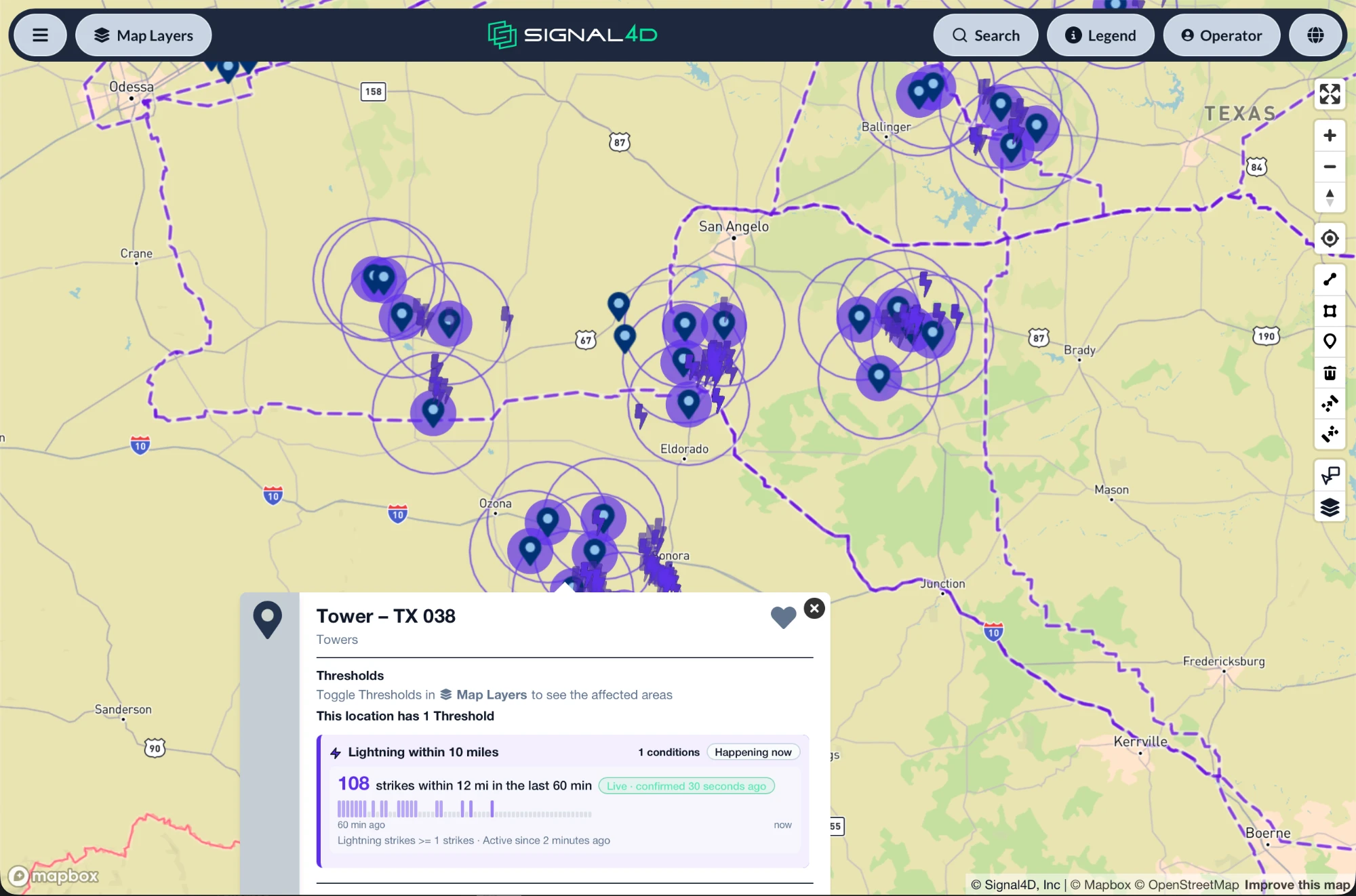 Tower sites in west Texas with lightning alert rings, and one tower showing a "Lightning within 10 miles" alert with 108 strikes in the last hour