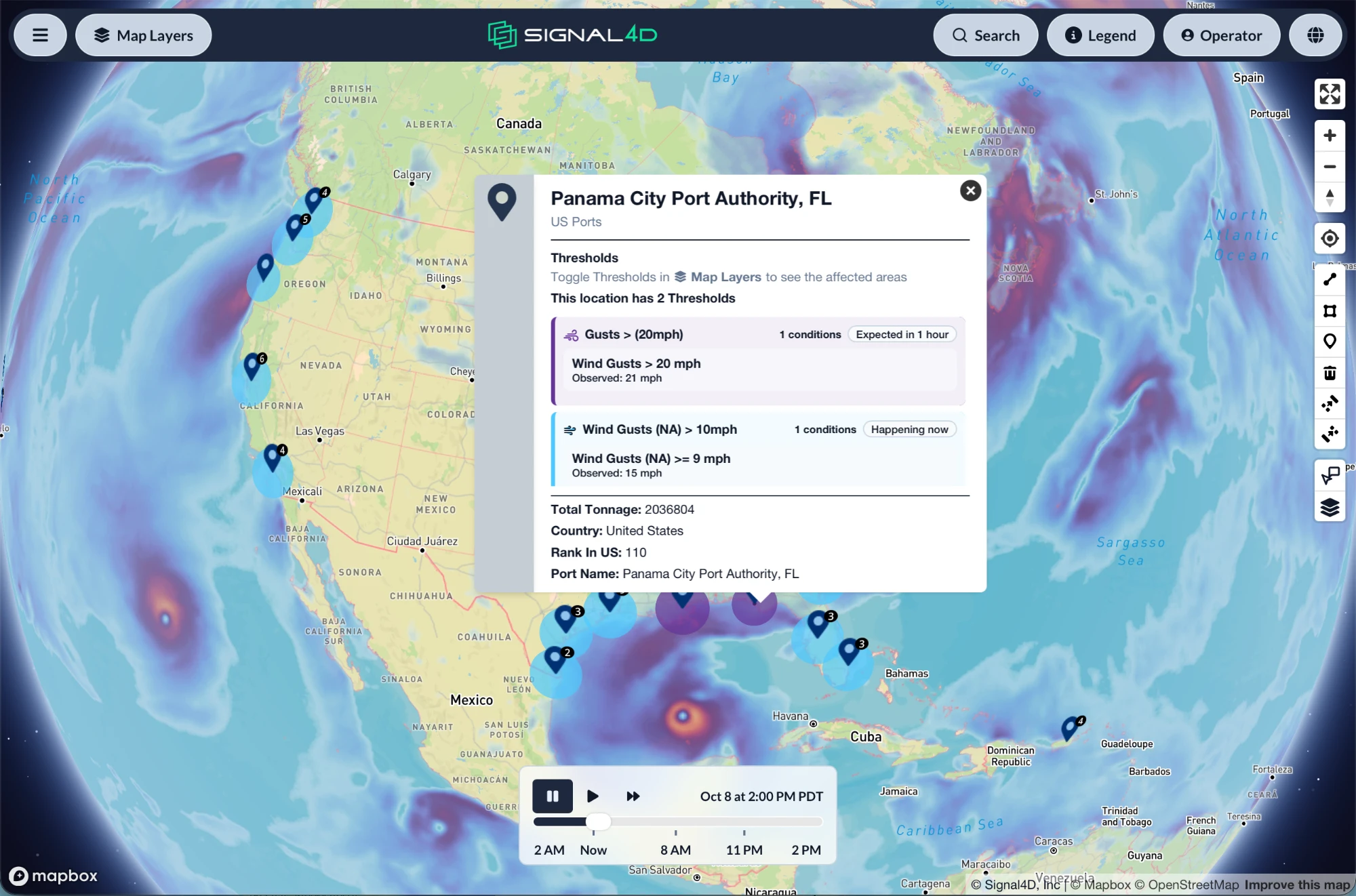 OmniWatch map of US ports with a wind-gust forecast and a port popup showing one threshold expected within an hour and another happening now