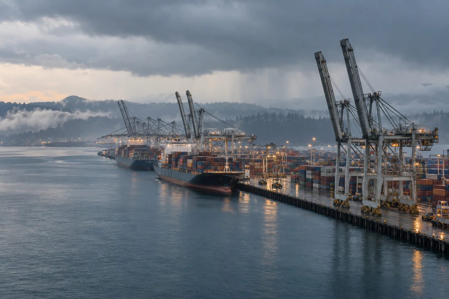 Illustration of container cranes and a cargo ship at a Pacific Northwest port beneath a rain front