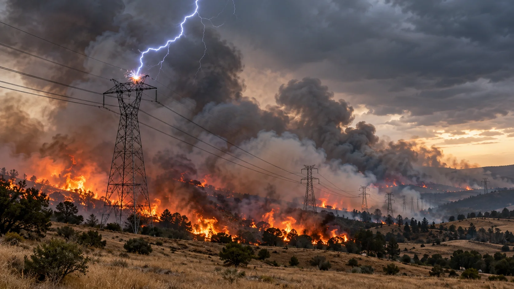 Illustration of wildfire and a lightning strike near transmission lines across dry hills
